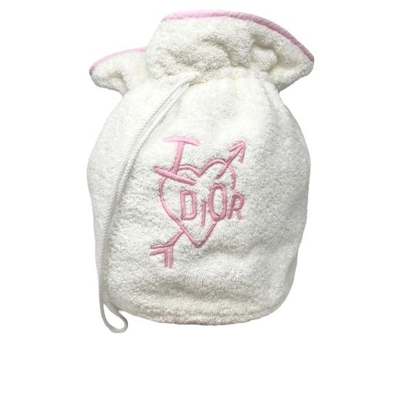 Dior Handbags - Vintage Dior Logo Drawstring Bag Terry Cloth White Heart Pink Cotton